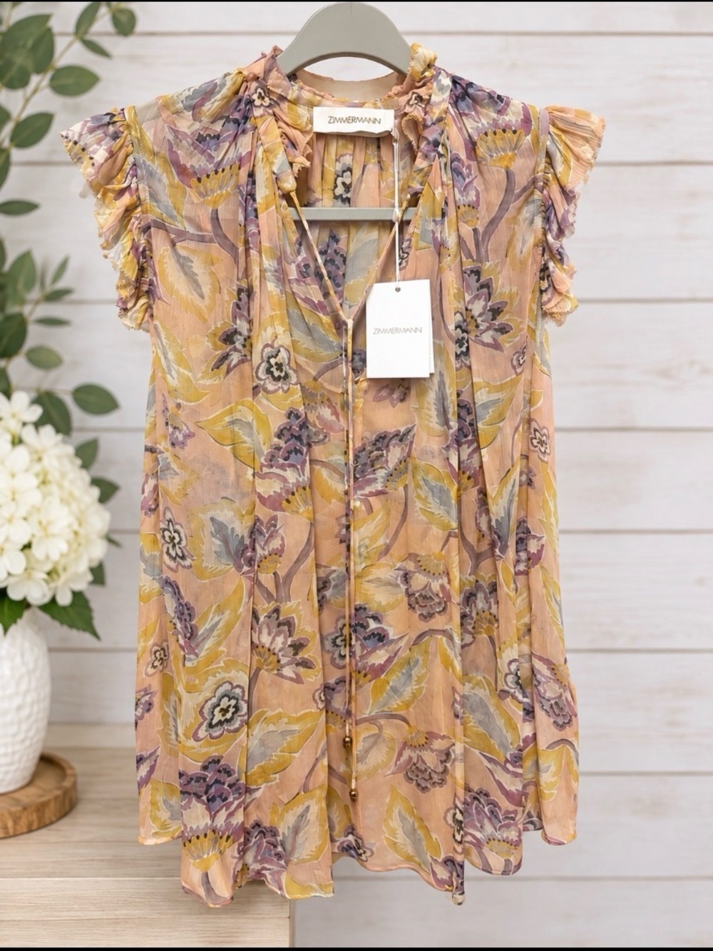 Zimmermann Pink and Yellow Floral Ruffle-Trim Blouse